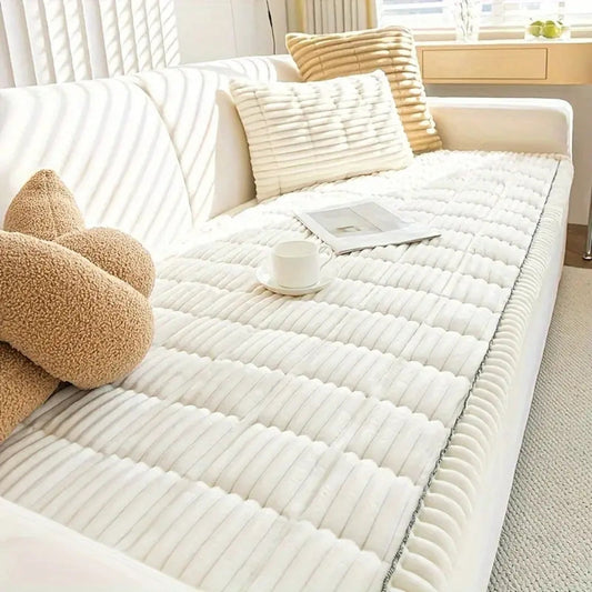 Plush Corduroy Sofa Cover With Pleated Edges