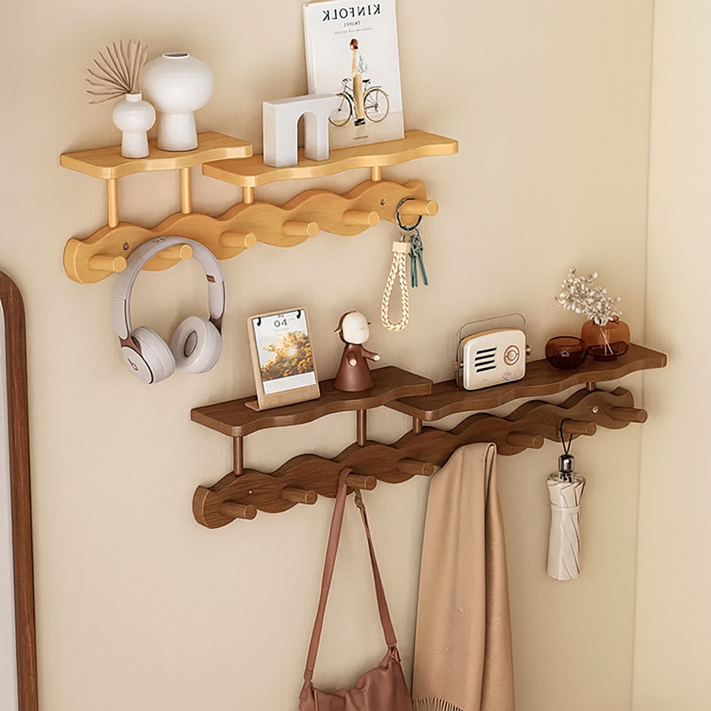 Bamboo Wall Shelf With Hooks