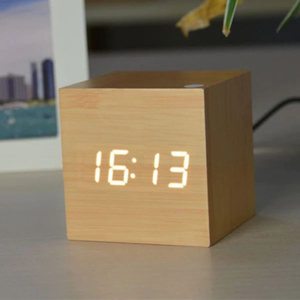 Bamboo Wood Cube Digital Desk Clock
