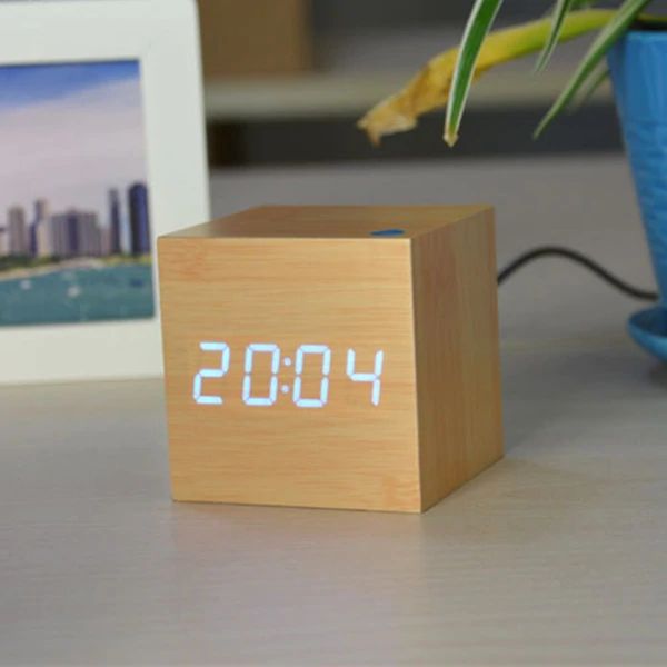 Bamboo Wood Cube Digital Desk Clock