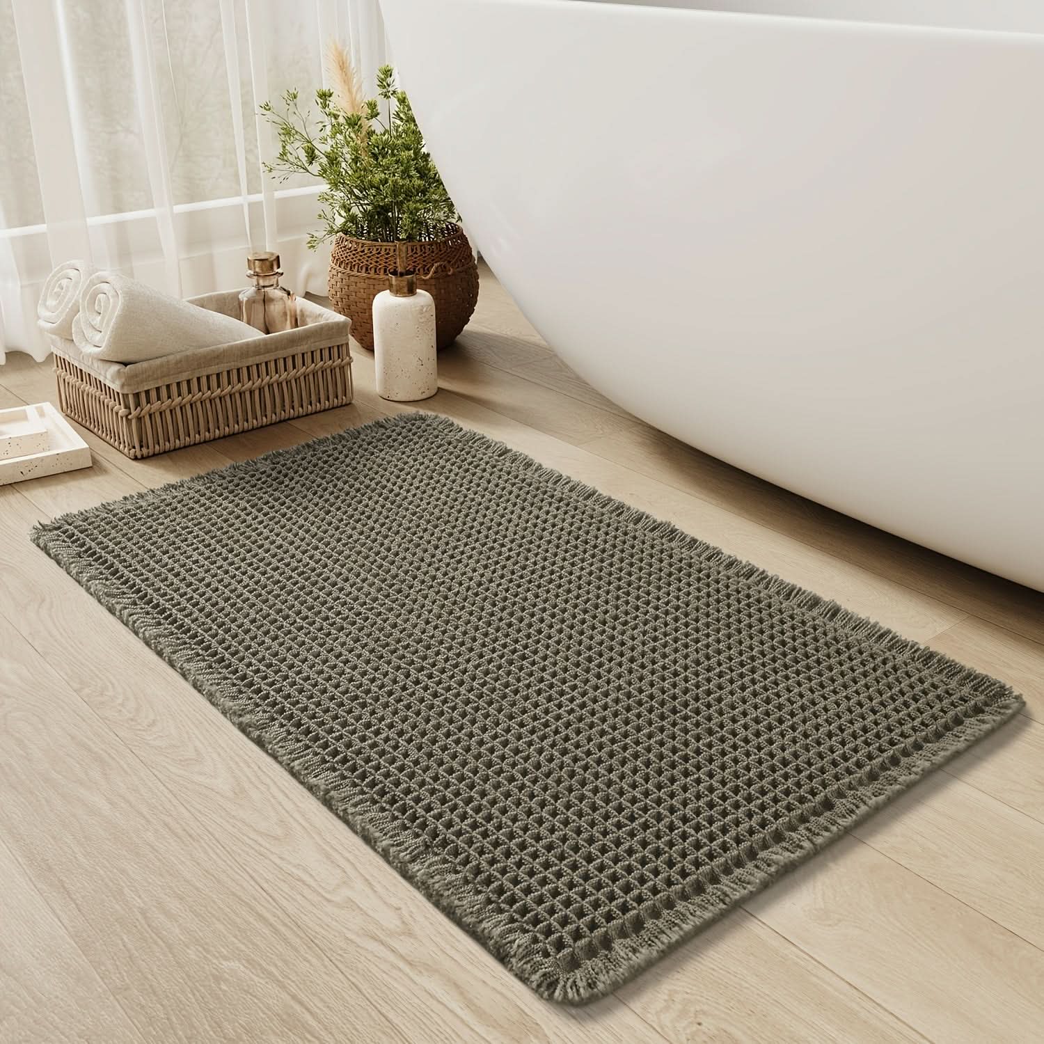 Cotton Waffle Bath Mat With Fringe