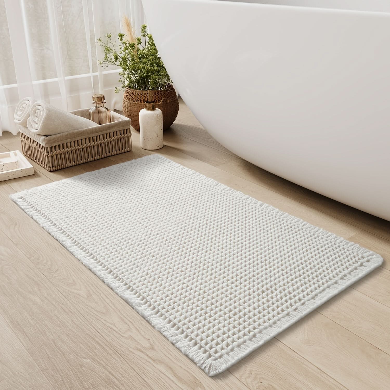 Cotton Waffle Bath Mat With Fringe