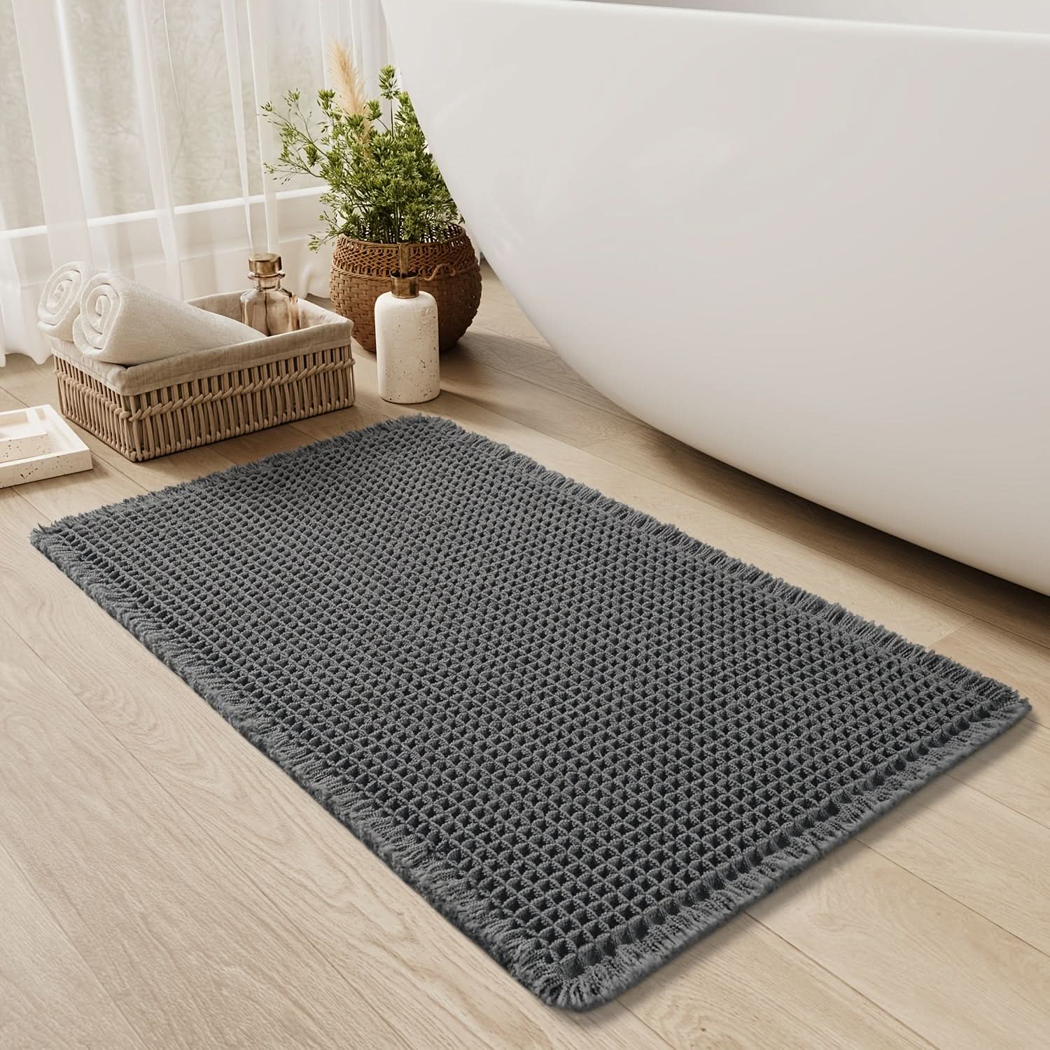 Cotton Waffle Bath Mat With Fringe