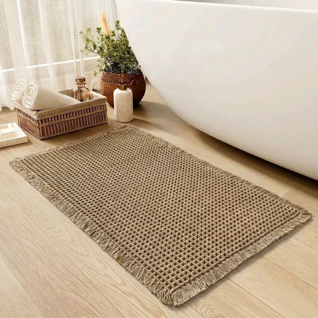 Cotton Waffle Bath Mat With Fringe