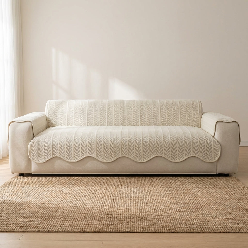 Elegant Herringbone Sofa Cover With Scallop Edge