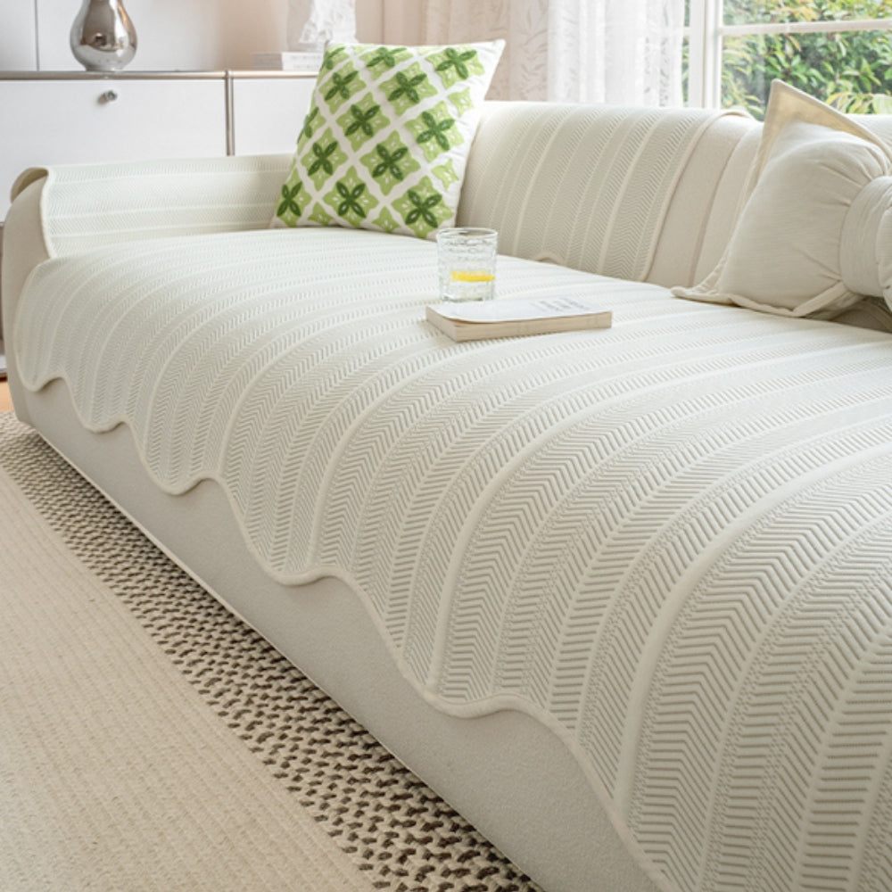 Elegant Herringbone Sofa Cover With Scallop Edge