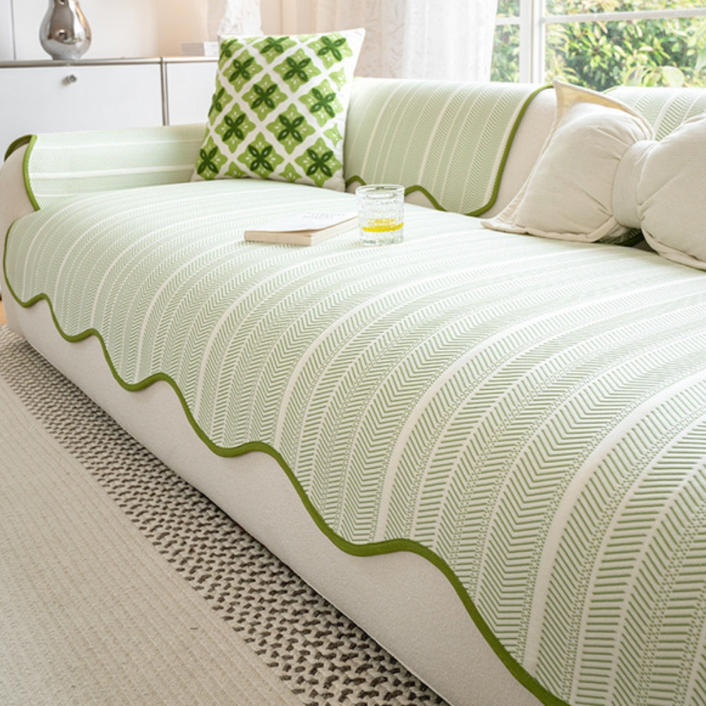 Elegant Herringbone Sofa Cover With Scallop Edge