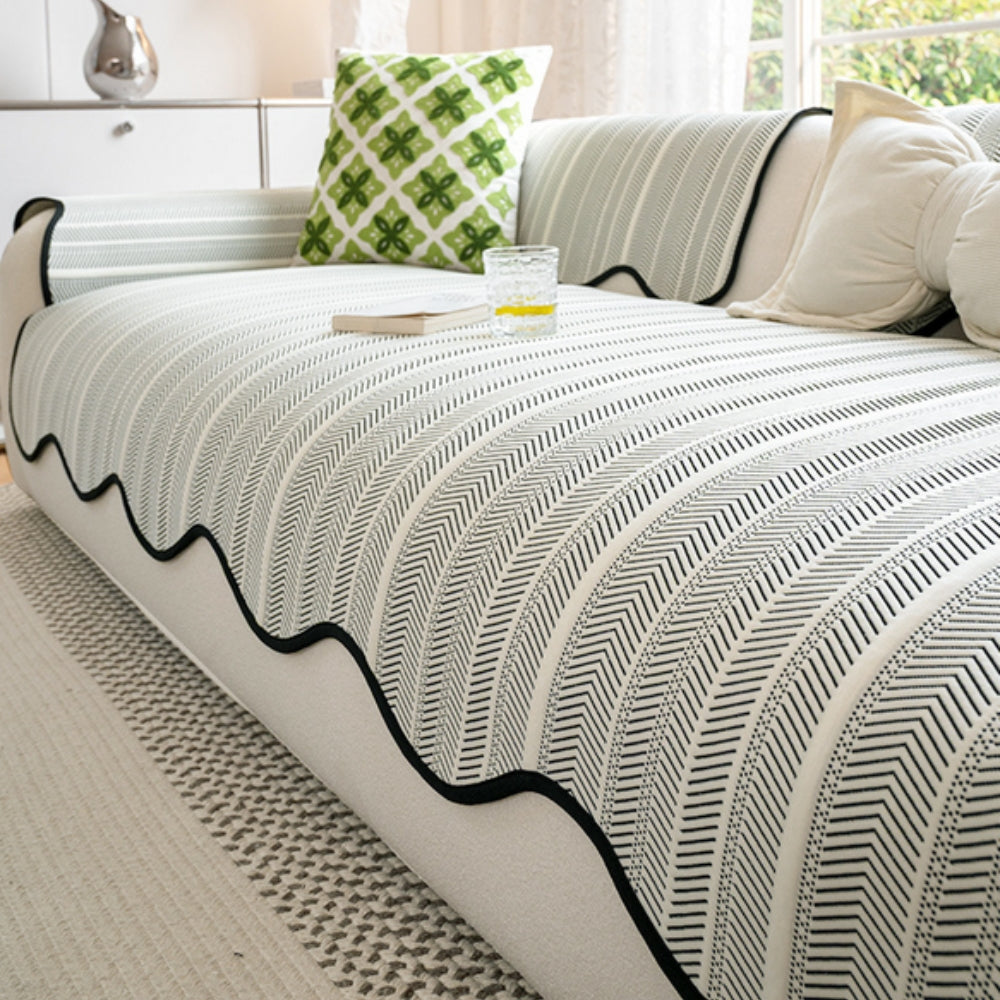 Elegant Herringbone Sofa Cover With Scallop Edge