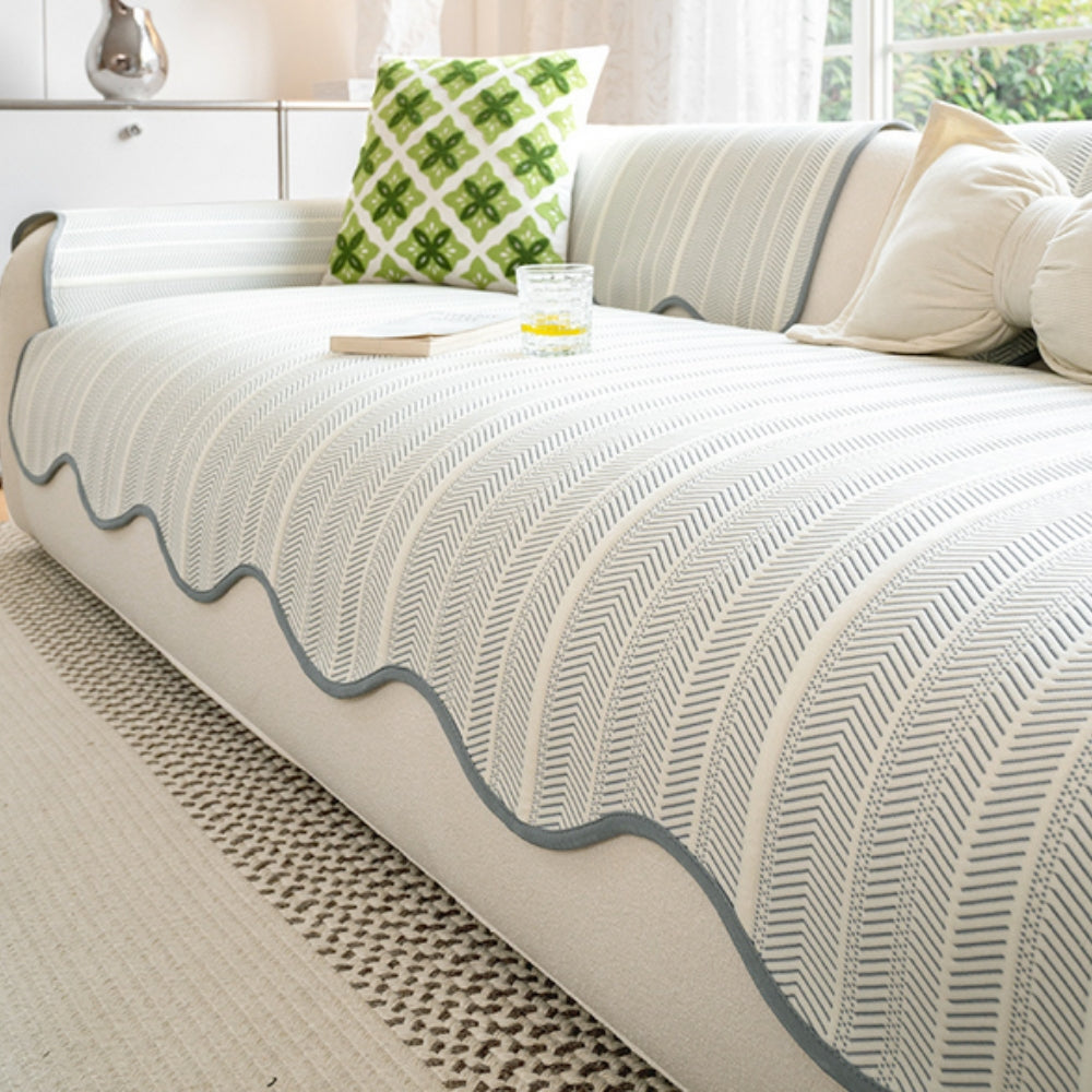 Elegant Herringbone Sofa Cover With Scallop Edge