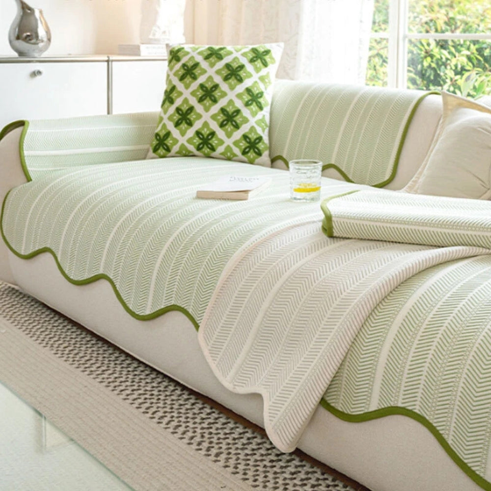 Elegant Herringbone Sofa Cover With Scallop Edge