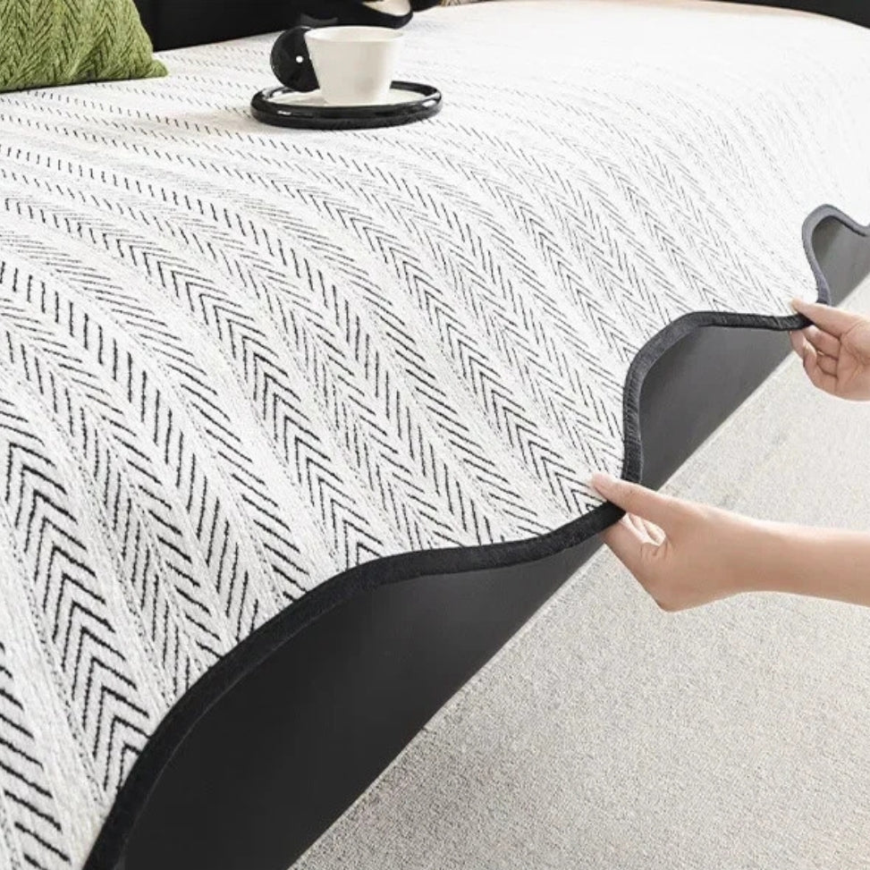 Elegant Herringbone Sofa Cover With Scallop Edge