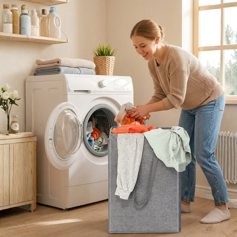 Linen Slim Laundry Hamper With Waterproof Lining