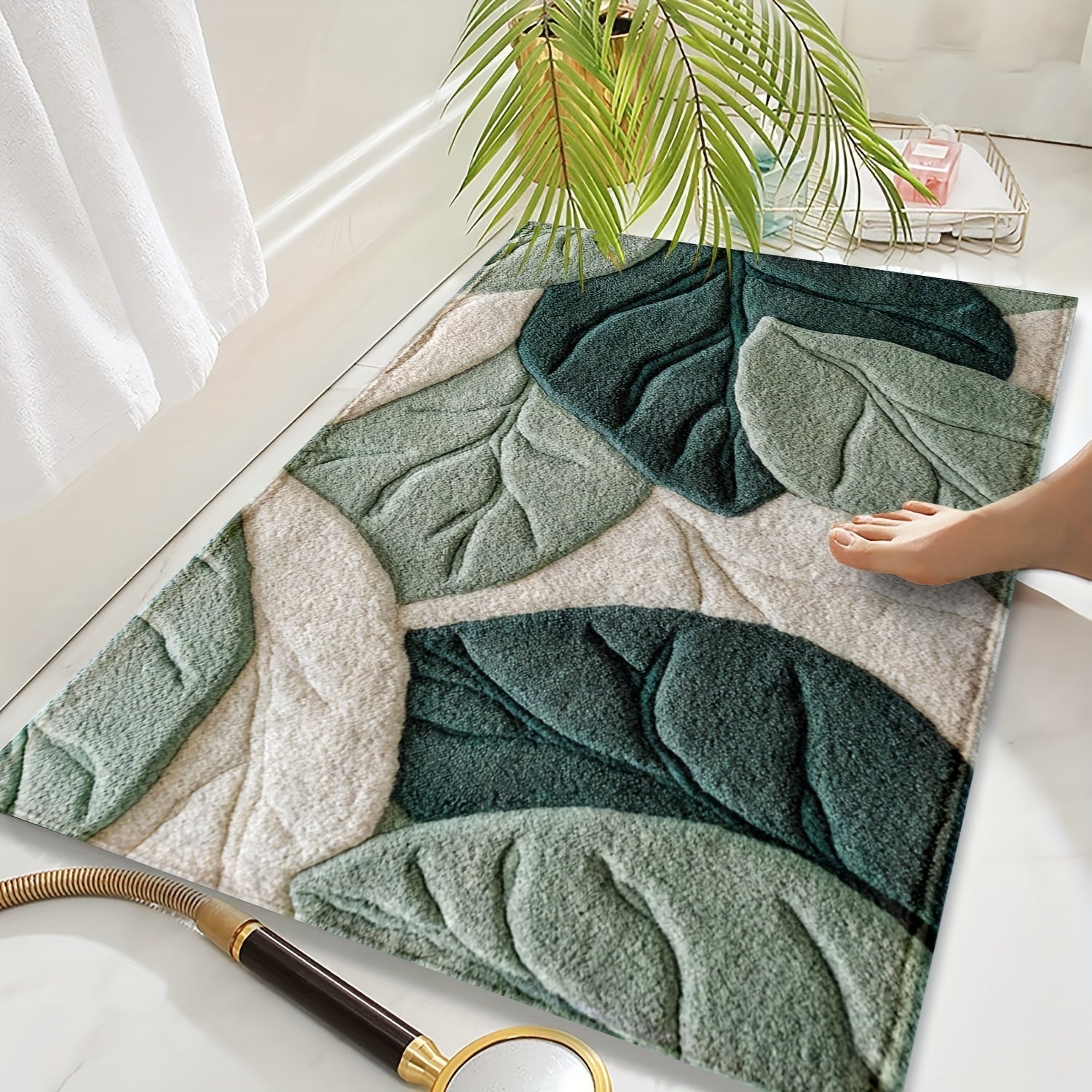 Plush Bath Mat With Sculpted Leaf Pattern