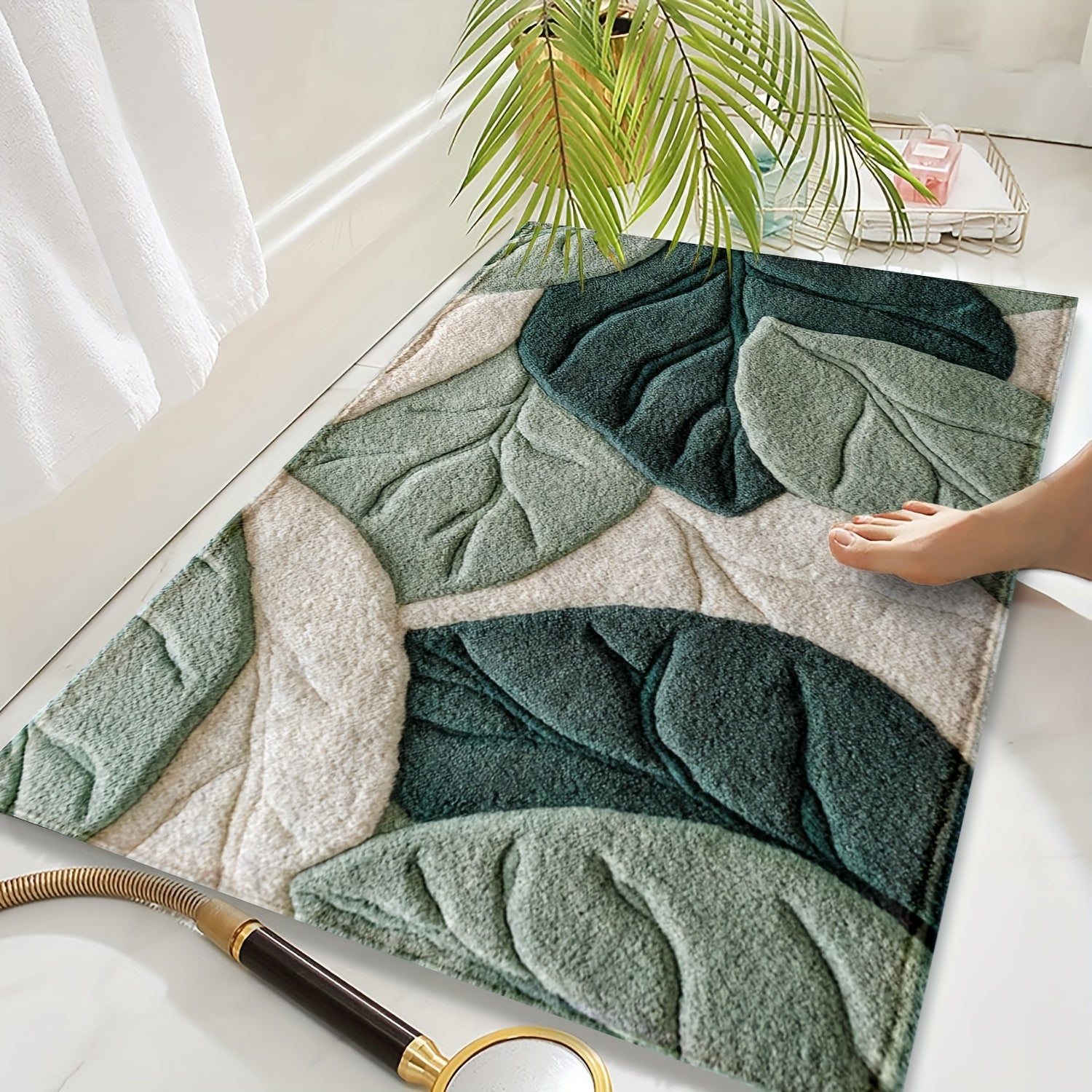 Plush Bath Mat With Sculpted Leaf Pattern
