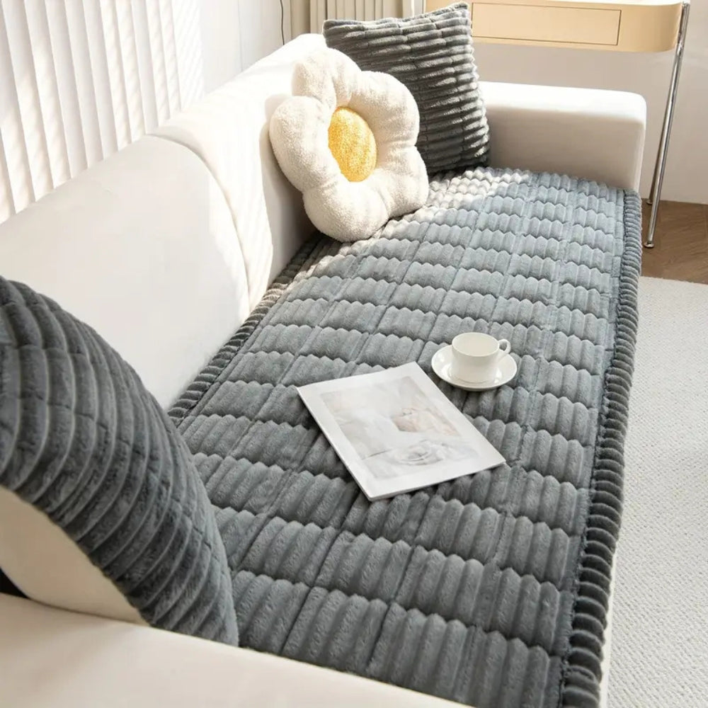 Plush Corduroy Sofa Cover With Pleated Edges