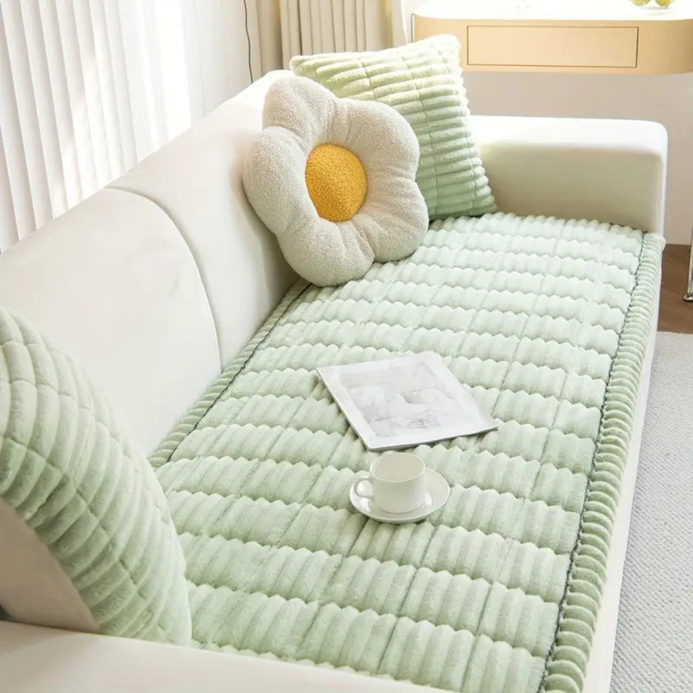 Plush Corduroy Sofa Cover With Pleated Edges