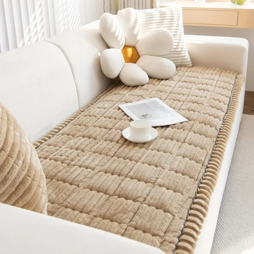Plush Corduroy Sofa Cover With Pleated Edges