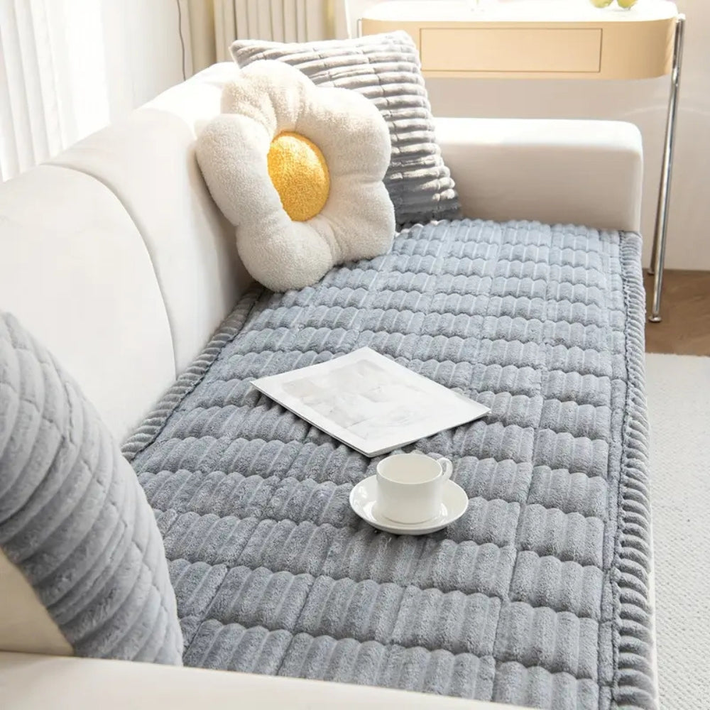 Plush Corduroy Sofa Cover With Pleated Edges