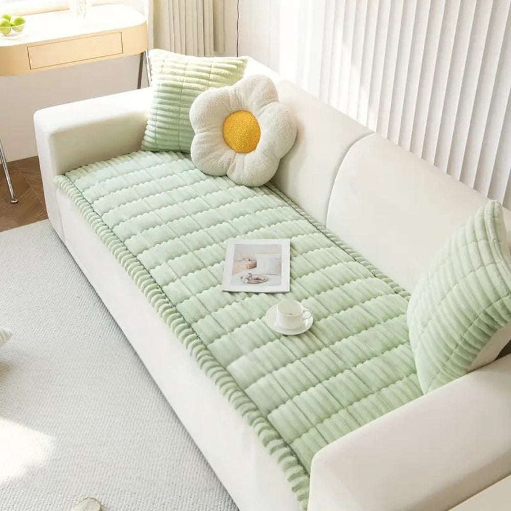 Plush Corduroy Sofa Cover With Pleated Edges