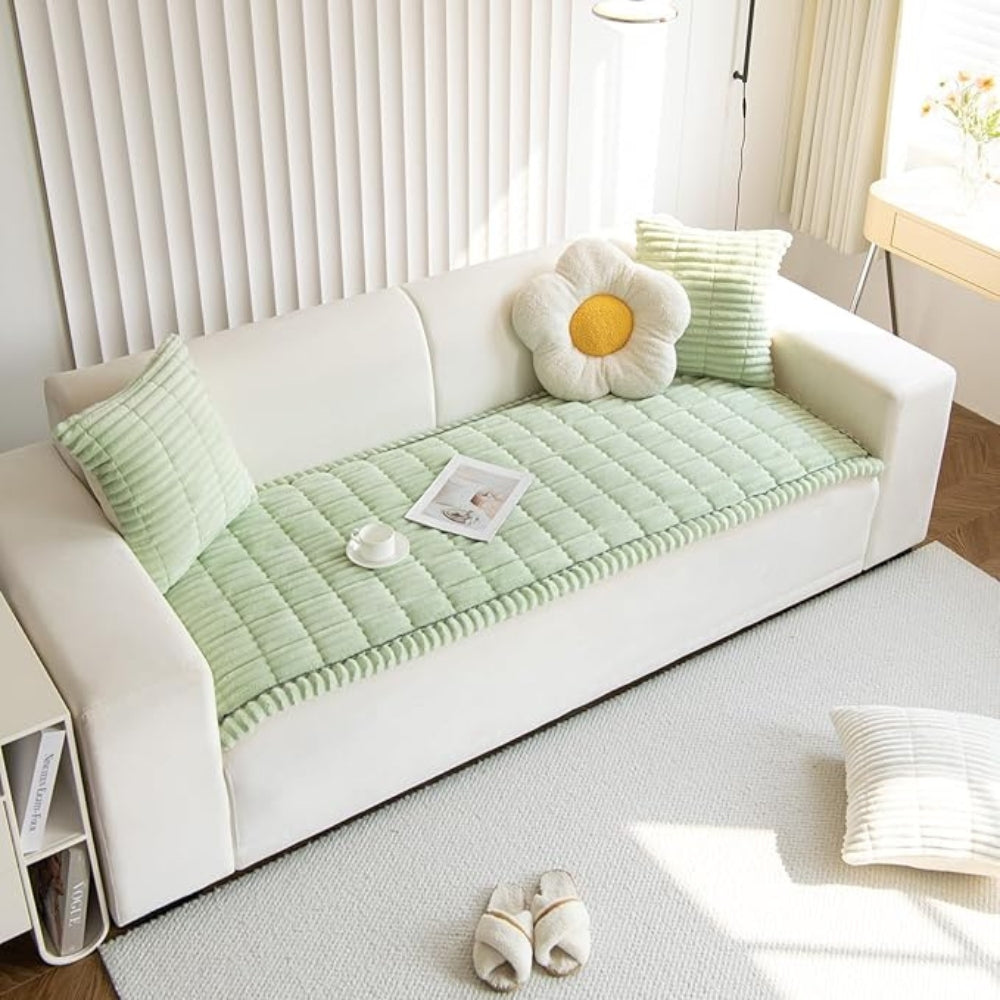 Plush Corduroy Sofa Cover With Pleated Edges
