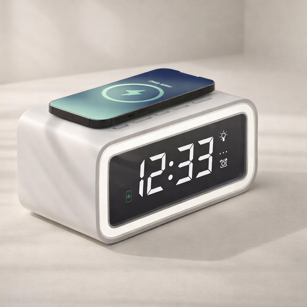 Sleek Digital Alarm Clock With Qi Wireless Charging