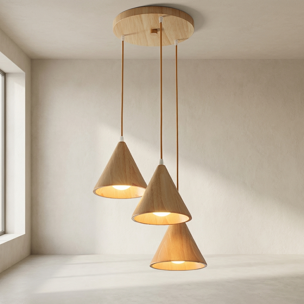 Wood Cone Three Head Linear Pendant Lamp