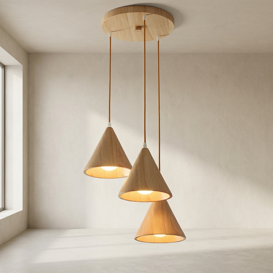 Wood Cone Three Head Linear Pendant Lamp