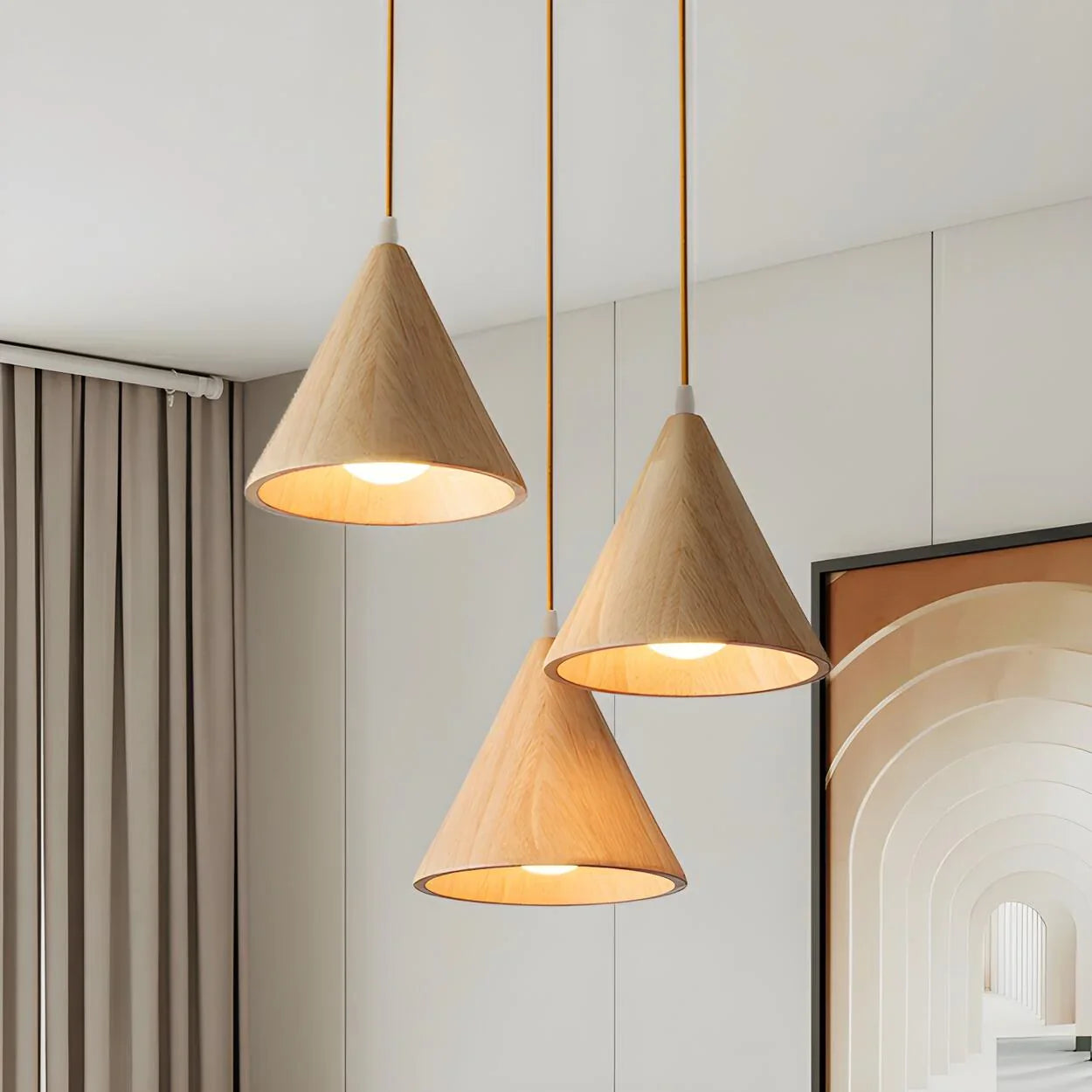 Wood Cone Three Head Linear Pendant Lamp