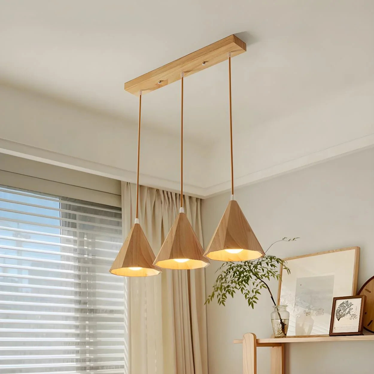 Wood Cone Three Head Linear Pendant Lamp